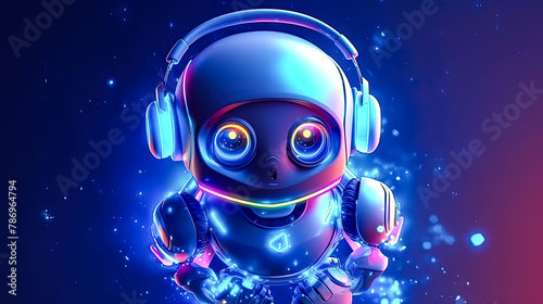 A robot with neon colored headphones on its head photo