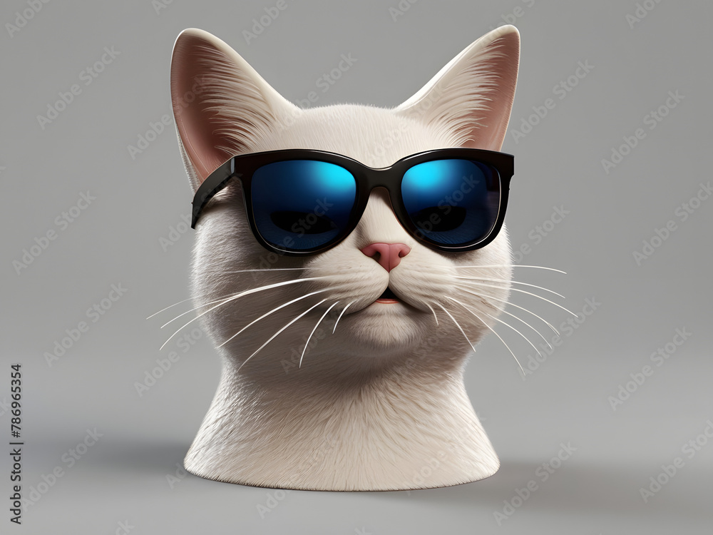 3d Portrait of a funny cat full face logo in sunglasses showing a gesture, isolated on a white background just face logo