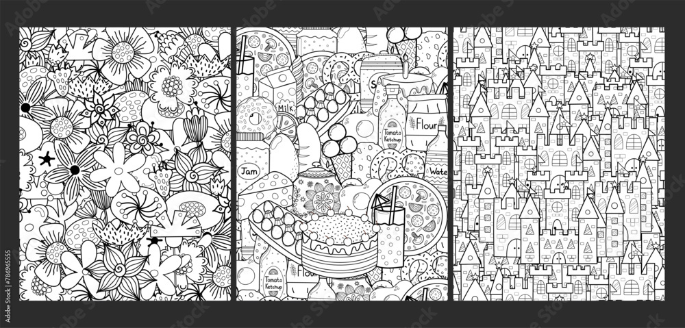 Obraz premium Doodle coloring pages bundle. Adorable templates set for coloring book in US Letter format with flowers, food and magic castles. Vector illustration