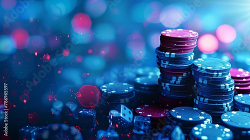 Casino Concept background with dice, golden coins, cards, roulette and chips.