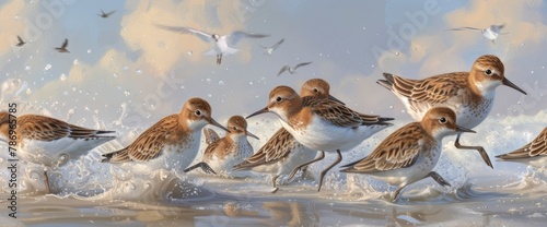 Furtive glances at sandpipers skittering across the shore, professional photography and light, Summer Background photo
