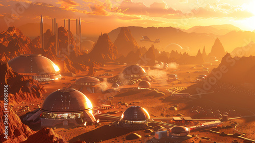 An artistic portrayal showcasing the establishment of human colonies on Mars, featuring innovative habitats and environmentally-friendly ecosystems