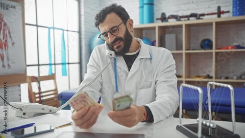 Middle-aged bearded man in a white lab coat in a clinic, smiling while holding united arab emirates dirhams. photo