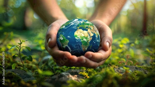 hands cradling a miniature globe amidst a backdrop of lush forests and clean waterways