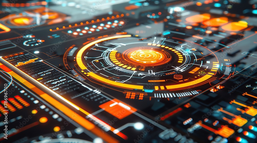 circuit board with orange and blue lights circuit board with orange and blue lights