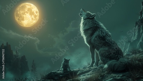 A wolf howls at the moon on a hill under the night sky © RichWolf