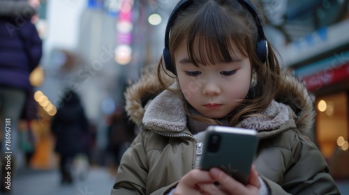 A young girl wearing headphones looking at her cell phone. Perfect for technology and communication concepts