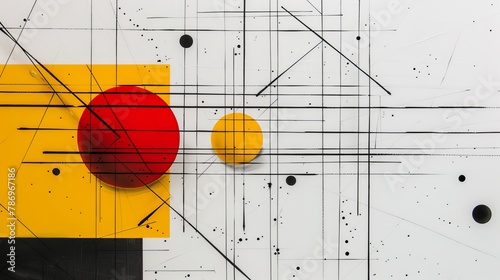 Minimalistic art  black lines, yellow rectangle, and red circle on white background