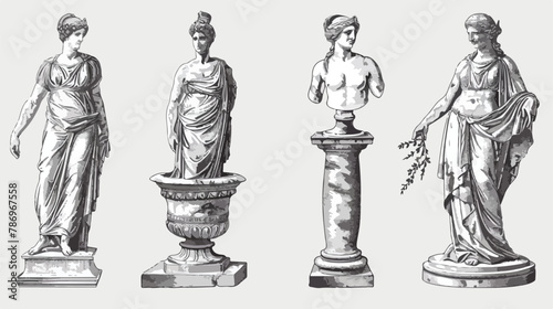 Four Antique statues branch amphora column. Mythical a