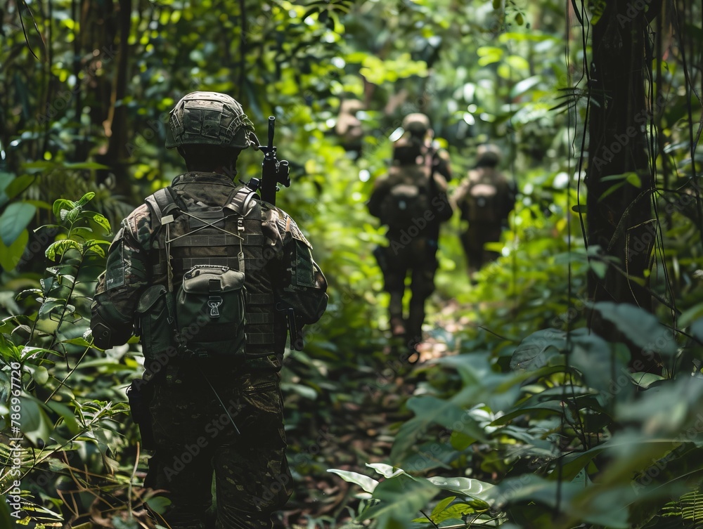 A group of soldiers in tactical gear moving stealthily through a dense forest