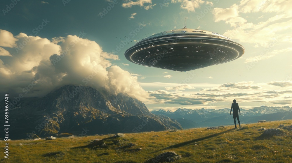 UFO, an alien saucer hovering above the mountains in the clouds, hovering motionless in the sky. Unidentified flying object, alien invasion, extraterrestrial life, space travel, spaceship UFO, an alien saucer hovering above the mountains in the clouds, hovering motionless in the sky. Unidentified flying object, alien invasion, extraterrestrial life, space travel, spaceship