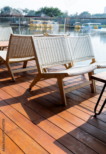 Tables and chairs at the lakeside restaurant