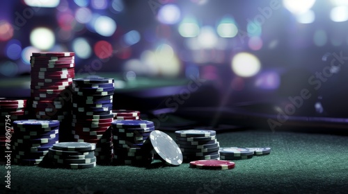 Casino Concept background with dice, golden coins, cards, roulette and chips.