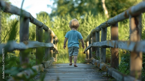 A young boy walking across a wooden bridge. Ideal for nature or childhood themes