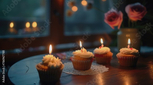 Three cupcakes with lit candles on a table  perfect for celebrations and birthdays