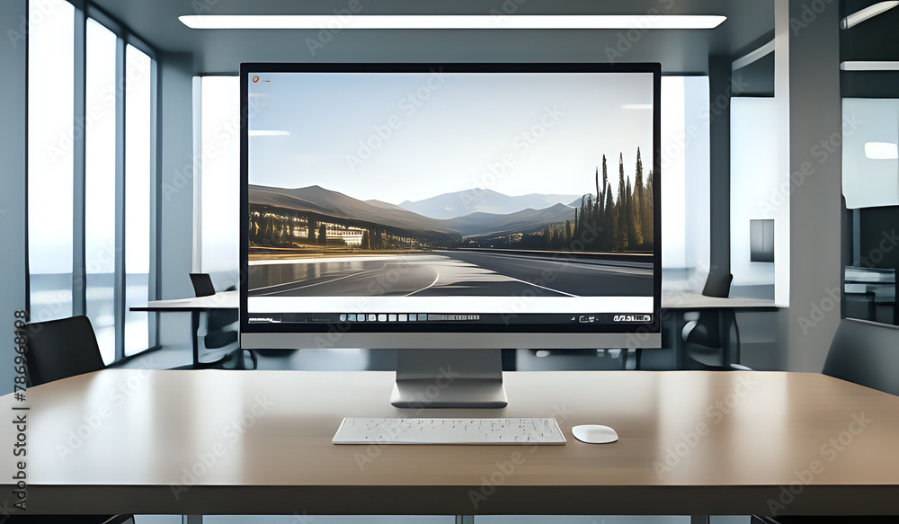 Fototapeta premium Modern office with desktop and computer monitor