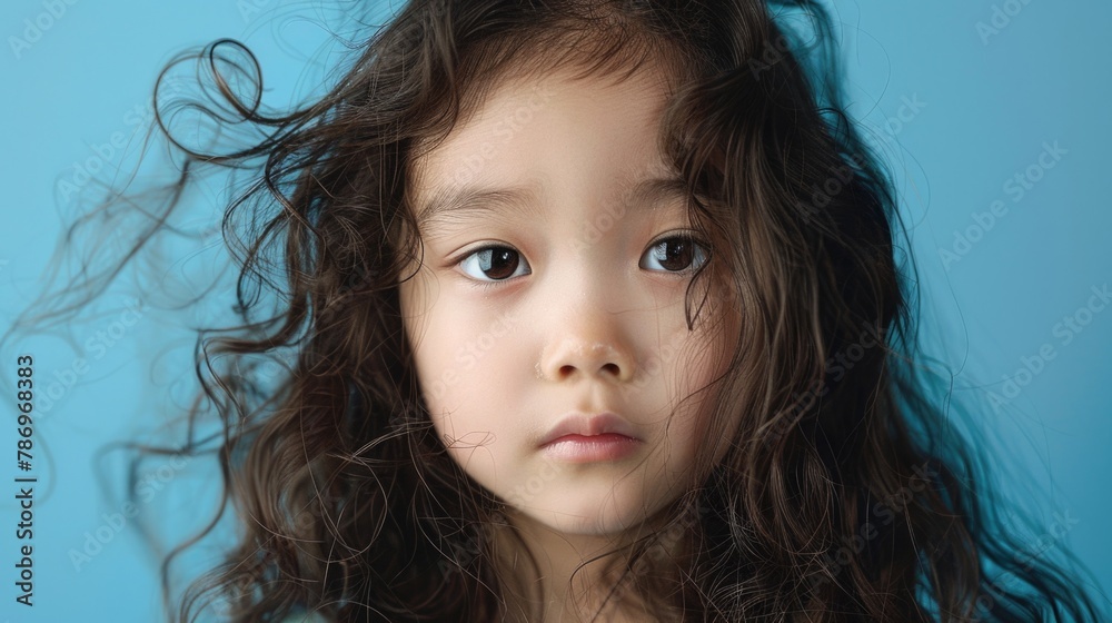 A portrait of a young girl with long hair against a blue background. Perfect for fashion or beauty concepts A portrait of a young girl with long hair against a blue background. Perfect for fashion or beauty concepts