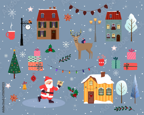 Set of elements for Christmas and New Year. Santa Claus on skates, colorful houses, birds and deer. Residential infrastructure - lanterns, clocks. Christmas attributes - boxes with gifts, a garland of