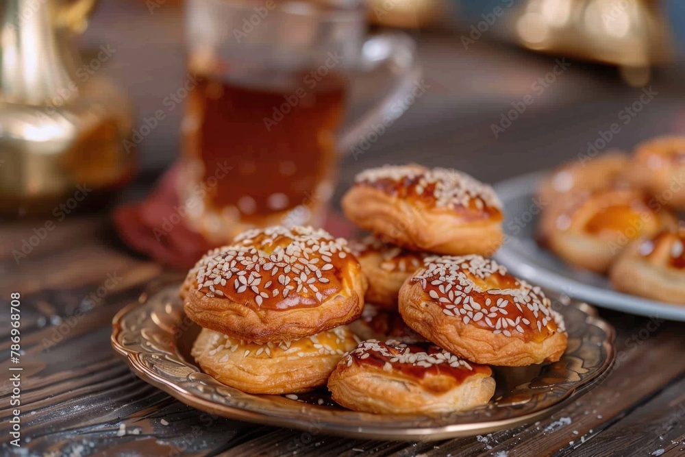 A plate of pastries and a cup of tea on a table. Perfect for food and beverage concepts A plate of pastries and a cup of tea on a table. Perfect for food and beverage concepts