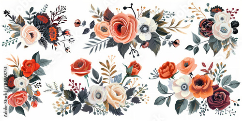 set di decorazioni floreali di fiori bianchi , arancio e borgogna su sfondo bianco, collezione di fiori romantici con rose, foglie, bouquet floreali, composizioni floreali set piatto, formato banner,  photo