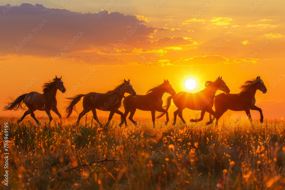 Horses silhouettes galloping across field at sunset. Herd of wild horses Horses silhouettes galloping across field at sunset. Herd of wild horses