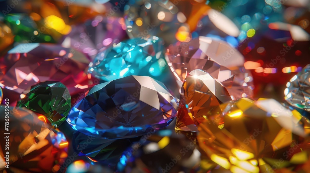 Close-up view of various colored diamonds, perfect for jewelry or luxury themes - obrazy, fototapety, plakaty 
