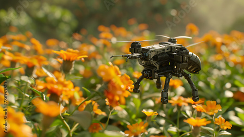A cutting-edge drone emulates a bee amidst vibrant orange flowers, illustrating a synergy between technology and pollination.