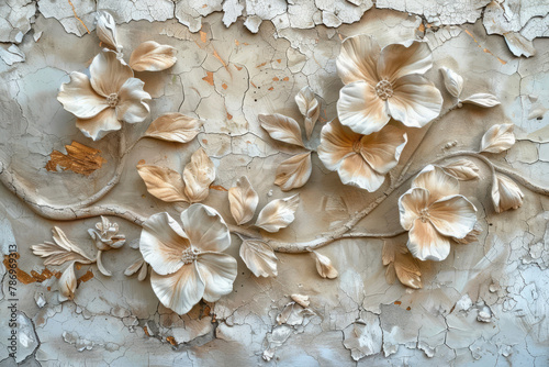 Texture of plaster with decorative flowers. Detailed stucco relief with floral designs in classical style © Lazy_Bear