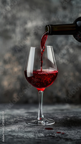 Red wine pouring from bottle into glass against dark background