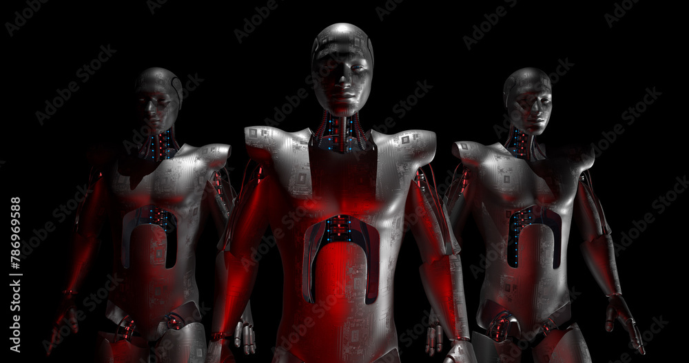Armed Fearless AI Robots Confidently Walking To The Camera. Luma Channel Is Included. Technology Related 3D Render. Armed Fearless AI Robots Confidently Walking To The Camera. Luma Channel Is Included. Technology Related 3D Render.