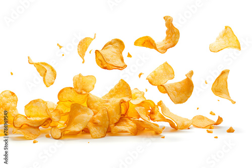 Potato chips fried falling in the air isolated on white background
