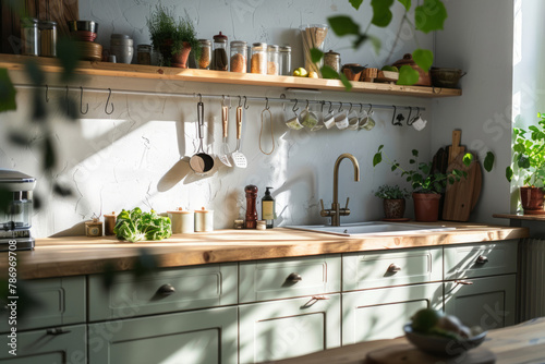 Cozy rustic kitchen interior. Kitchen background with wooden shelves, sink and cookware