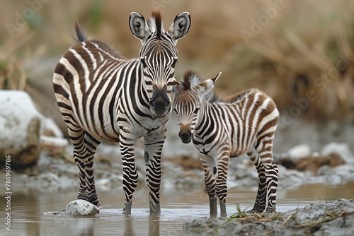 Two zebras standing together in the water  a natural landscape scene