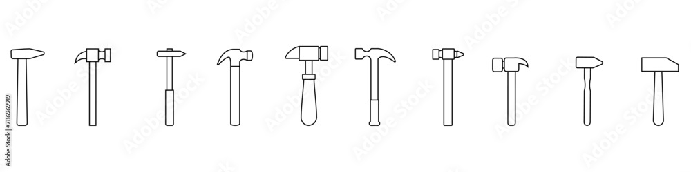 Hammer icon vector set. Repair illustration sign collection. Tool symbol or logo. Hammer icon vector set. Repair illustration sign collection. Tool symbol or logo.