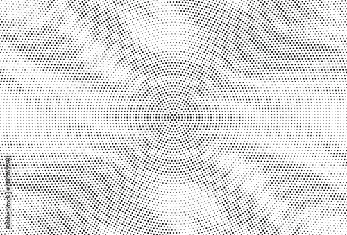 Radial halftone gradient background. Dotted concentric texture with fading effect. Black and white circle shade wallpaper. Grunge rough vector. Monochrome backdrop for various purpose. 
