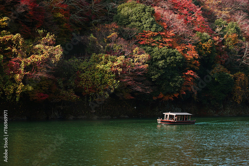 River cruise service to see the beauty of the autumn leaves in Kyoto Prefecture. Japan.