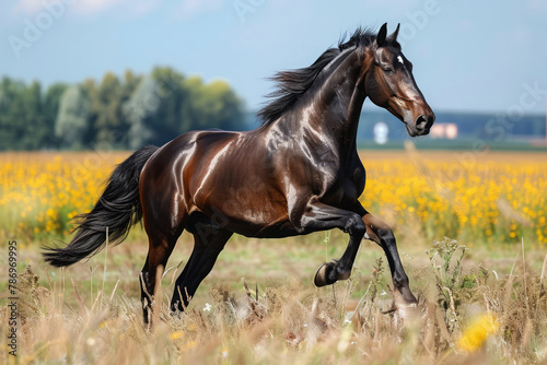 Beautiful horse galloping in field. Horseback riding