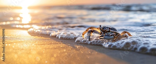 Playful antics with a wayward crab scuttling along the shoreline, professional photography and light , Summer Background photo