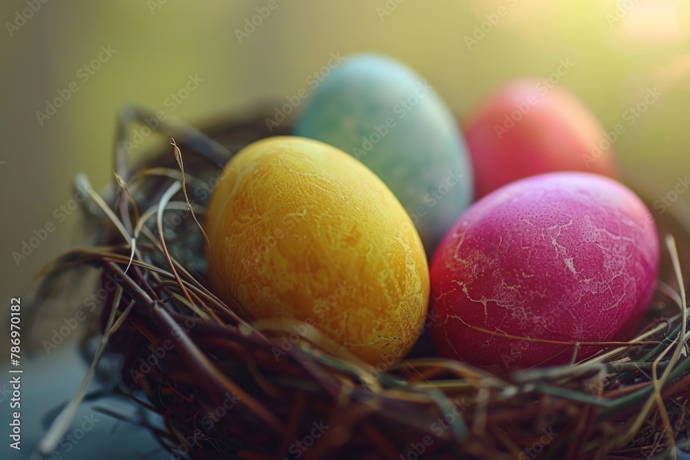 Obraz premium Close up of a nest with four colored eggs, perfect for spring themes