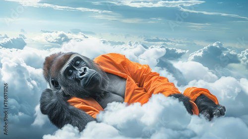 Illustration of a gorilla wearing an orange nightgown resting and sleeping soundly above the clouds