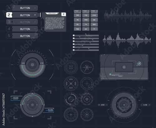 set of black and white infographic elements. 
Head-up display elements for the web and app. 
Futuristic user interface.