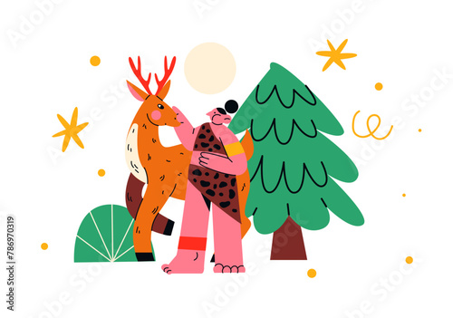 Cartoon mascot prehistoric human with deer in the forest. Stone Age, caveman, hunter. Doodle groove forest landscape, illustration in vintage cartoon style