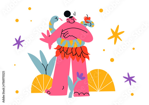 Cartoon character aboriginal in the jungle. Landscape of the beach, desert, prehistoric African man in a swimsuit. Vector groovy illustration in doodle retro style
