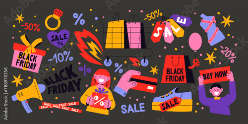 Cartoon black friday stickers. Retro stickers, patches labels for shopping, discounts, great deals. Set of promo offers in groovy vintage doodle acid style