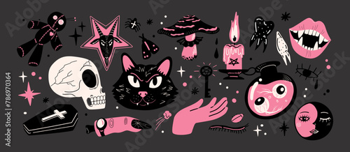 Cartoon set of stickers of magic and witchcraft. 90s wild magic design. botanical elements,skull,cards,hand,eye,potion. Halloween set