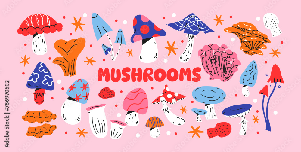 Retro set groovy mushrooms.Hippie cartoon design elements in 90s style. Trendy doodle acid stickers	