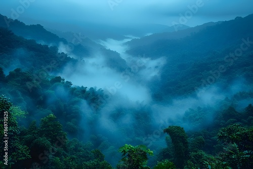 Foggy Valley With Trees in Foreground. Generative AI
