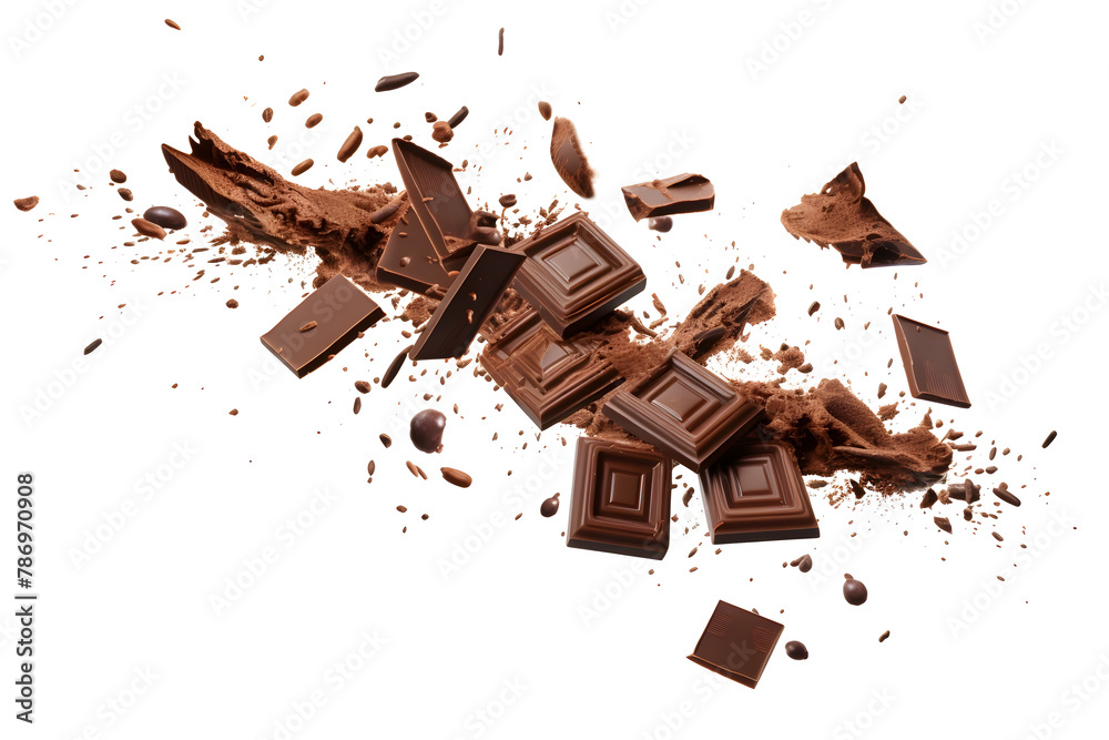 Fototapeta premium Pieces of dark chocolate falling with choc flakes in the air isolated on white background