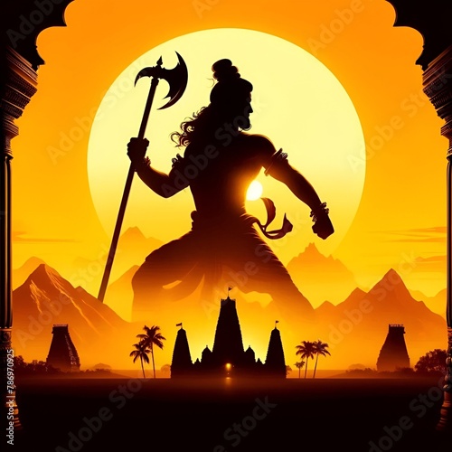 Parshuram jayanti background with a dynamic silhouette of lord parshuram.
