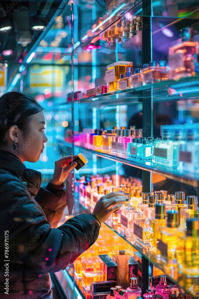 A woman browsing perfumes in a store. Suitable for beauty and shopping concepts